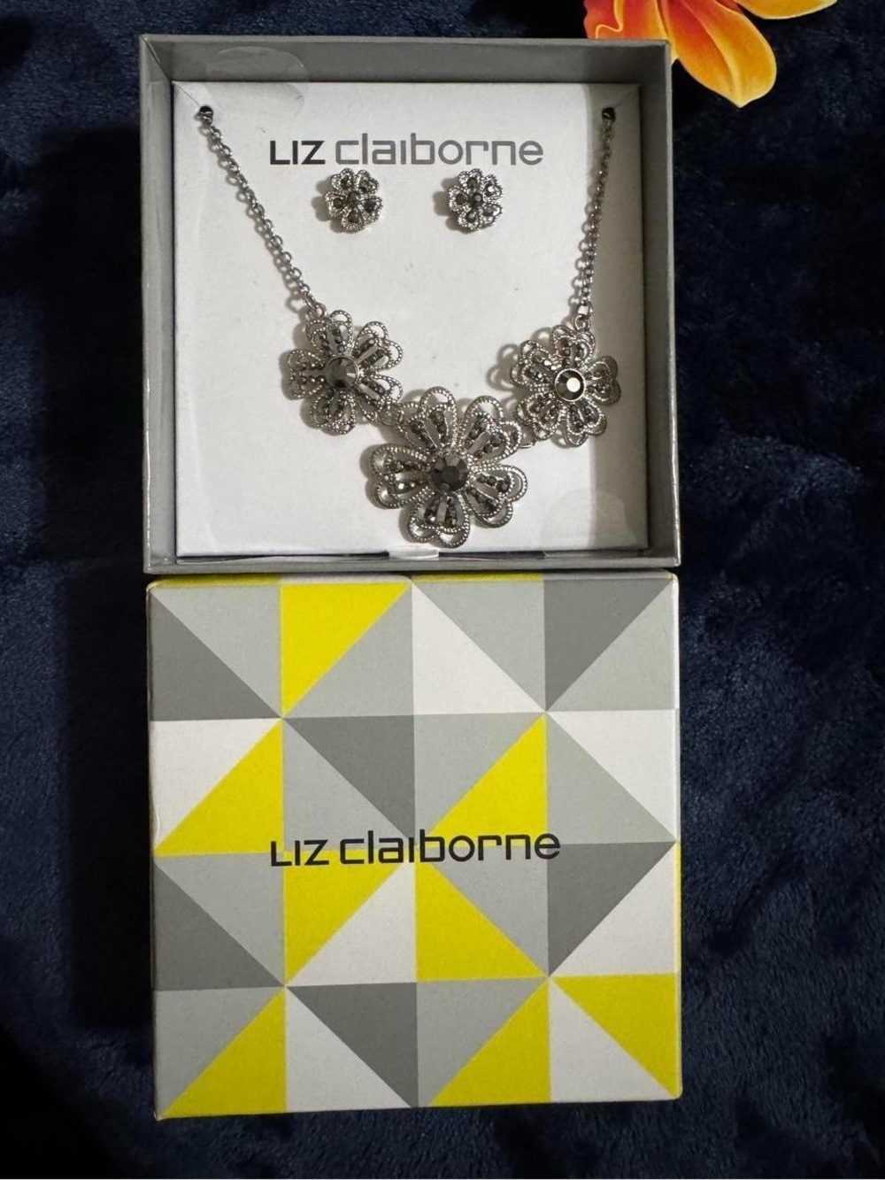 Vintage Liz Claiborne Silver Floral Statement Necklace with Matching Studs